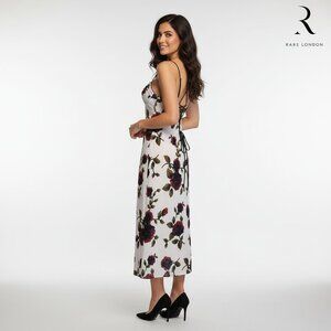 Rare London Pink Rose Devore Lace-Up Midi Dress NWT White Size 4 Hole in bodice